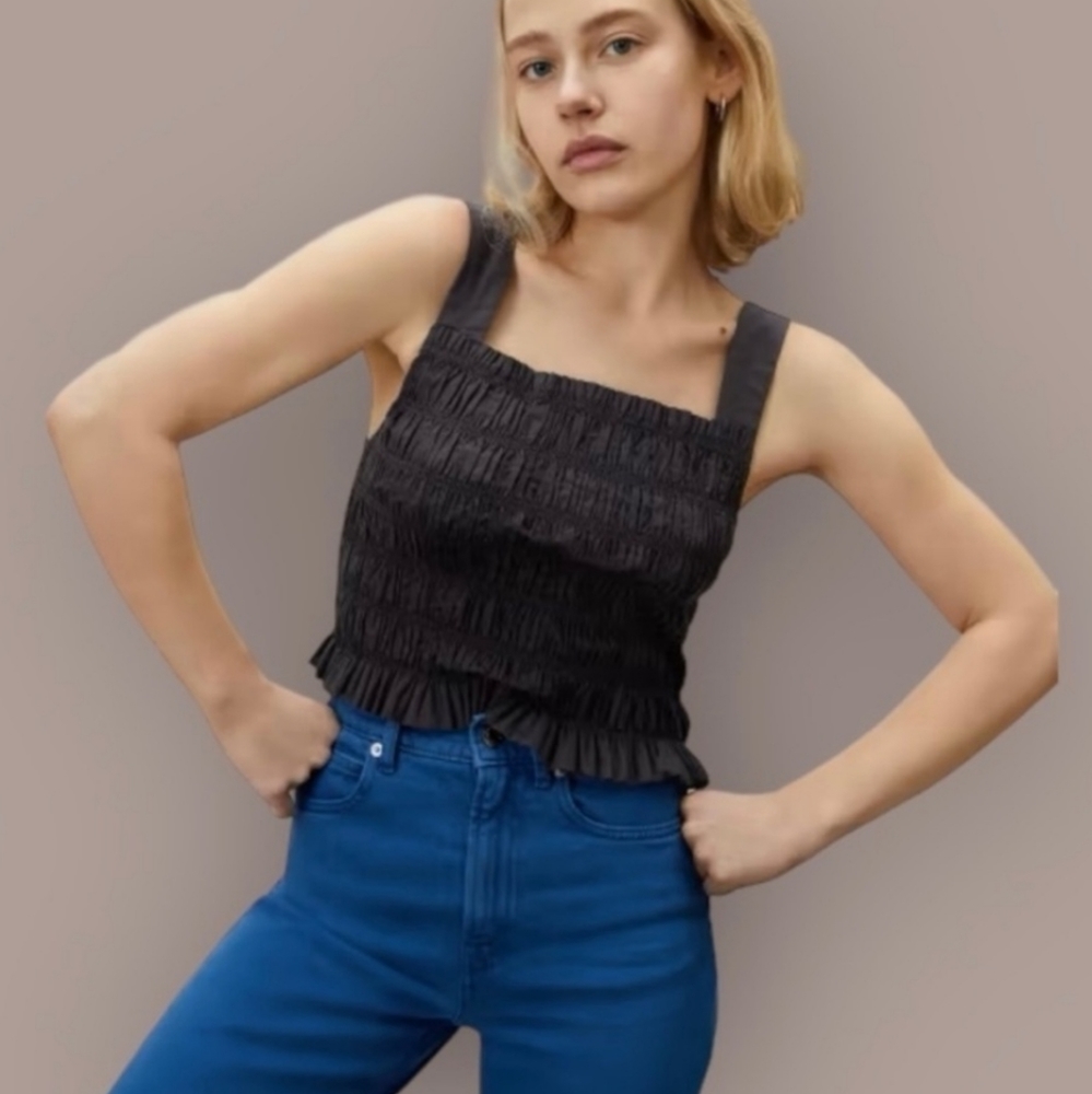 Everlane Tank Top Womens Black Crop Blouse The Smocked Cami Square Neck